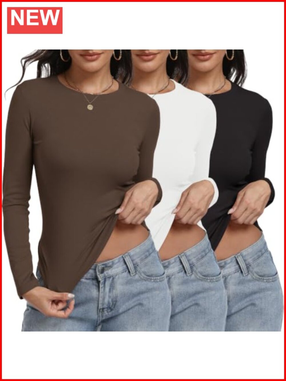 Women's 3 Pack Long Sleeve Fitted Crew Neck T-Shirts Basic Slim Fit Tops